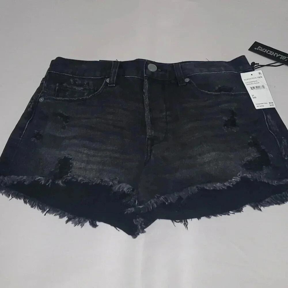 BlankNYC Washed Black Jean Shorts High Rise Button Fly Distressed Raw Hem 27 NWT